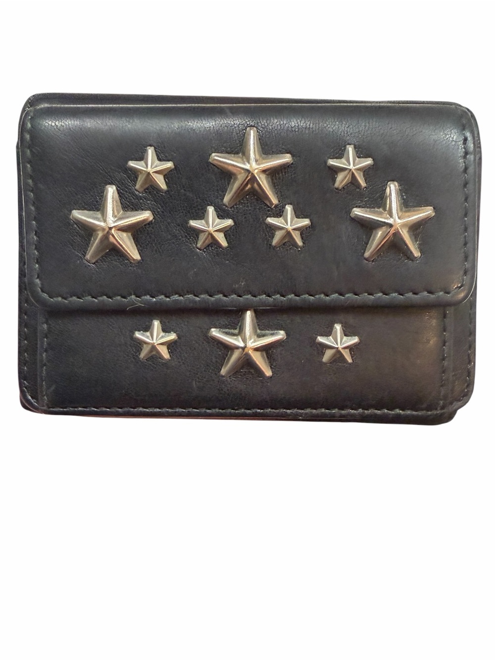 Jimmy Choo Nemo Black Leather Compact Tri-fold wallet with Silver Star Studs